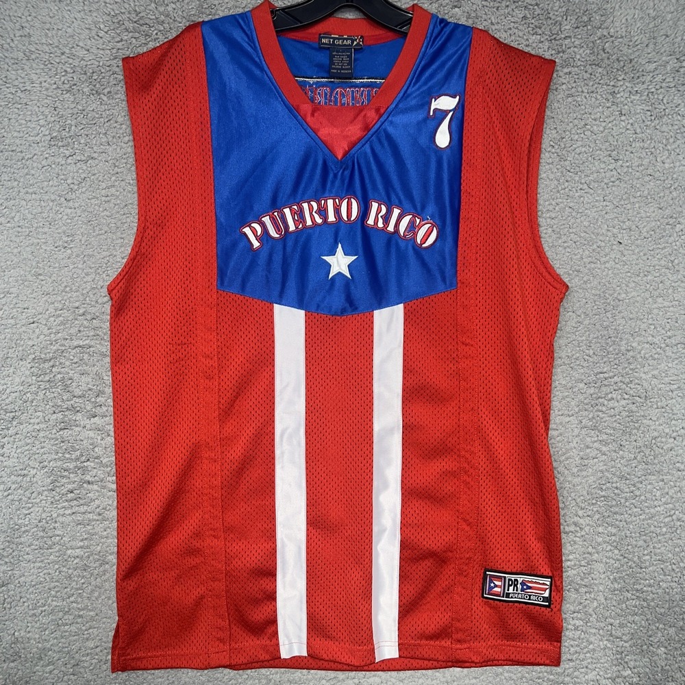 Net Gear Puerto Rico Carlos Arroyo Jersey‎ Men's Sz L Red Blue #7 Mesh Tank Top